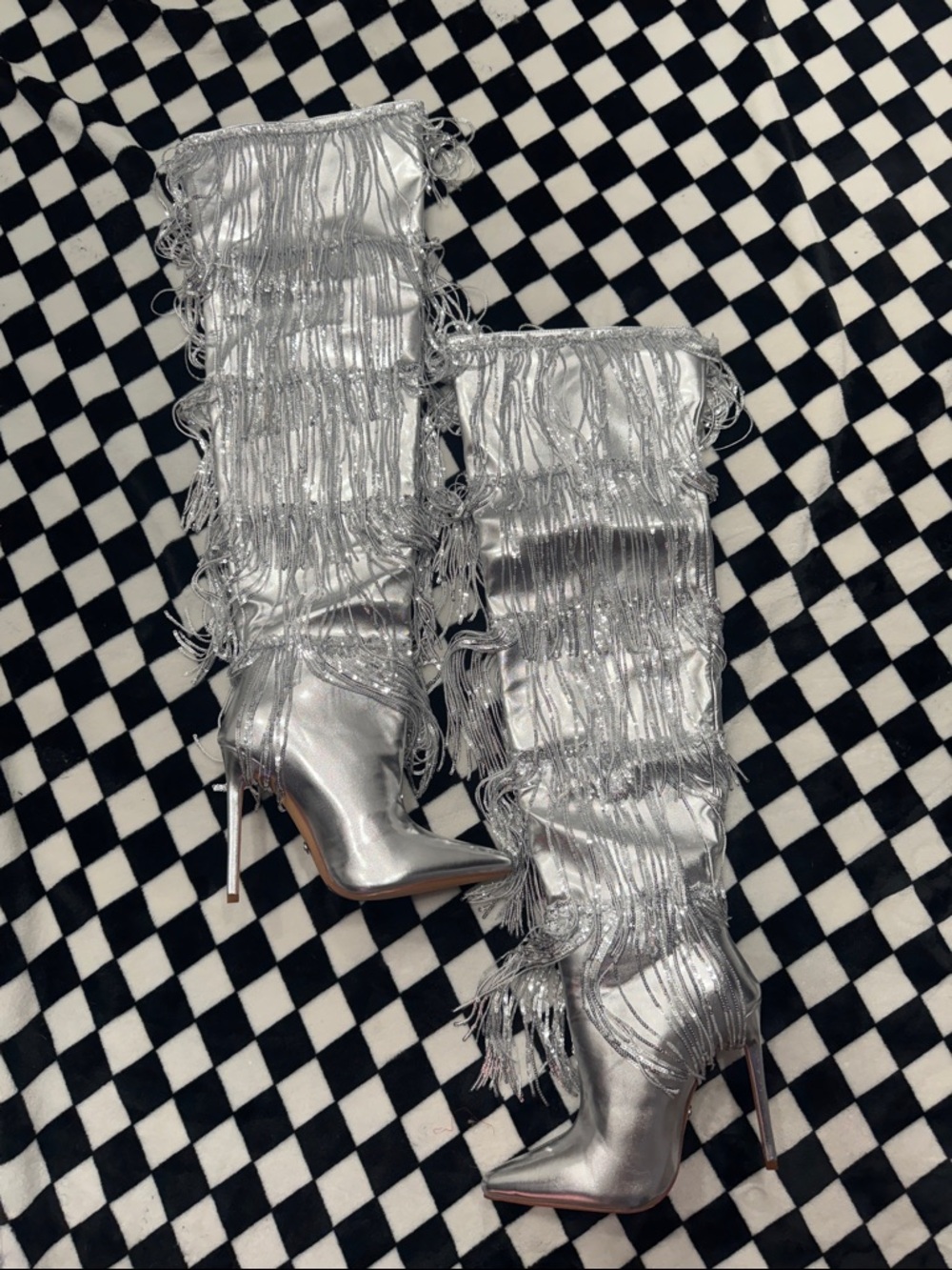 Azalea Wang Silver Fringe Stiletto Knee-High Boots - Women